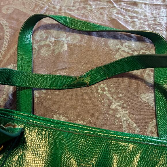 Lauren Ralph Lauren Emerald Lizard Embossed Leather RLL Gold Hardware Large Bag - Picture 3 of 16